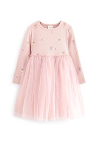 Rosa långärmad klänning för småbarn med mustryck på toppen och mjuk tulekjol överdel, samlad vid midjan.