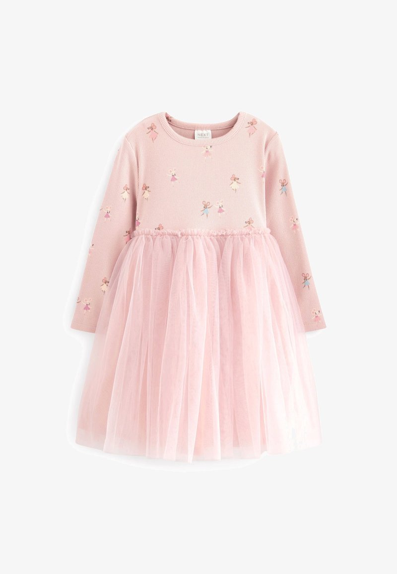 Rosa långärmad klänning för småbarn med mustryck på toppen och mjuk tulekjol överdel, samlad vid midjan.
