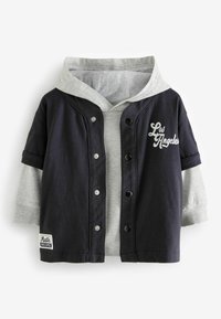 Veste navy avec capuche grise, fermeture à boutons, texte brodé "Los Angeles", poignets côtelés et une étiquette sur l'ourlet. Mélange de tissus doux.