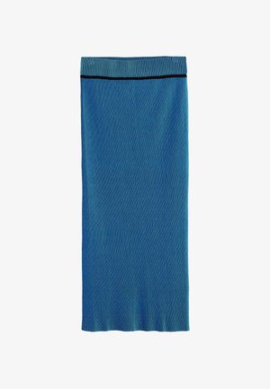 Blue ribbed knit skirt with a fitted design, featuring a contrasting black waistband. Smooth texture and knee-length cut.