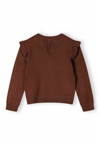 Brauner Strickpullover mit rundem Ausschnitt, dezenten Rüschendetails an den Schultern und einem Knopfverschluss im Rücken. Rippbündchen an den Ärmelenden und am Saum.