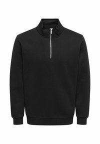 Sort pullover-sweatshirt med opretstående krave og halv lynlås. Fremstillet af blødt stof med ribbet manchetter og kant.
