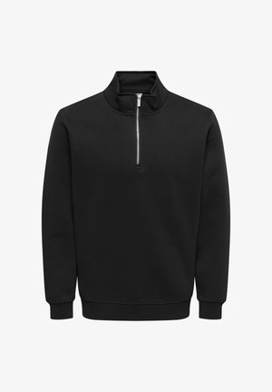 Sudadera negra con cuello alto y diseño de media cremallera. Fabricada con una tela suave, presenta puños y dobladillo acanalados.