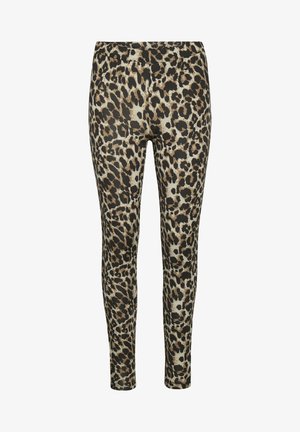 Leggings en imprimé léopard avec une coupe ajustée, fabriqués en tissu léger, présentant un motif animal noir et beige.