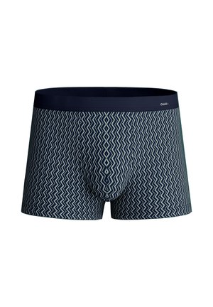 Un boxer en tissu doux avec une taille bleu marine. Présente un motif en zigzag dans des nuances de bleu marine et de vert.
