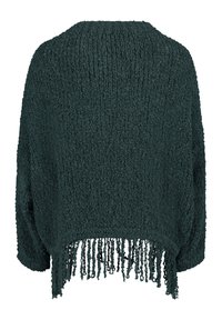 Dunkelgrüner, strukturierter Pullover mit lockerer Passform, weiten Ärmeln und Fransen am Saum. Hergestellt aus einem weichen, flauschigen Material.
