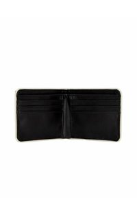 Interno di un portafoglio in pelle nera con più slot per carte, texture liscia e bordi di colore chiaro. Presenta un comparto centrale per le banconote.