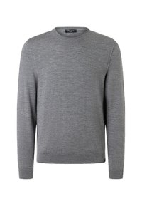 Grauer Pullover aus weichem Stoff mit Rundhalsausschnitt, langen Ärmeln und gerippten Bündchen und Saum. Einfaches Design ohne sichtbare Muster oder Akzente.