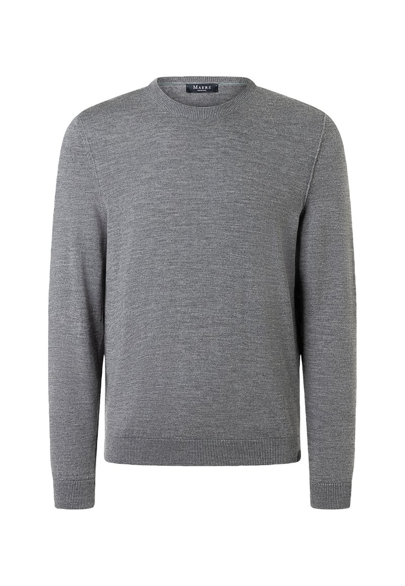 Grauer Pullover aus weichem Stoff mit Rundhalsausschnitt, langen Ärmeln und gerippten Bündchen und Saum. Einfaches Design ohne sichtbare Muster oder Akzente.