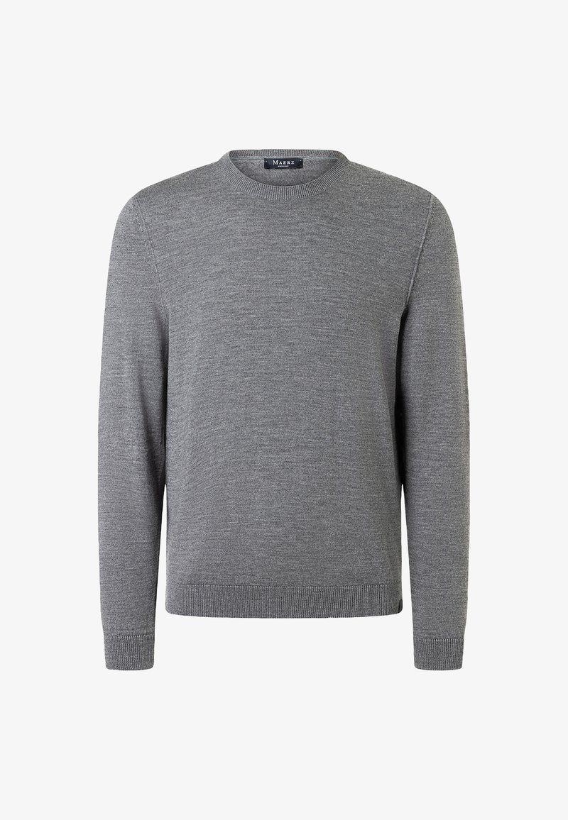 Grauer Pullover aus weichem Stoff mit Rundhalsausschnitt, langen Ärmeln und gerippten Bündchen und Saum. Einfaches Design ohne sichtbare Muster oder Akzente.
