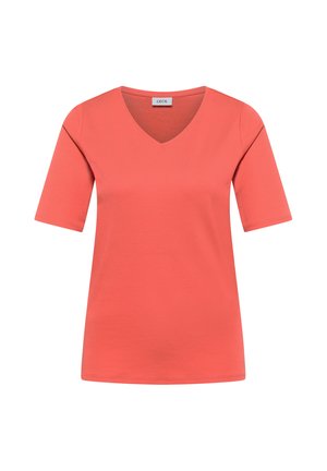 T-shirt corail en coton à manches courtes avec col en V, coupe régulière et étiquette au niveau du col.