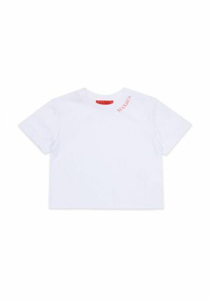 T-shirt corta bianca a maniche corte con logo rosso "MAX&Co." sul collo e stampata vicino alla spalla sinistra.