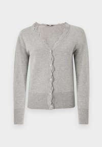 Cardigan cinza com decote em V com bordas onduladas, fecho de botão à frente e mangas compridas. Apresenta um ponto texturizado e punhos e bainha canelados.