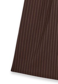 Brown fabric with narrow vertical beige pinstripes, showing a folded section and hemmed edge.