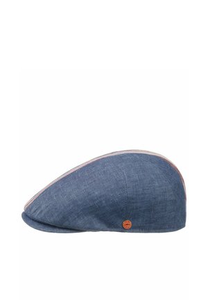 Blue linen flat cap with subtle stitching and a small round brown logo badge on the side.