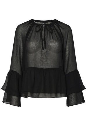 Black sheer blouse with a gathered neckline, tie detail, and bell sleeves. Features a layered ruffle hem and textured fabric.