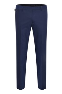 Pantalones ajustados de color azul marino fabricados con una tela suave. Cuentan con una parte delantera plana, bolsillos inclinados y un diseño de pierna recta.