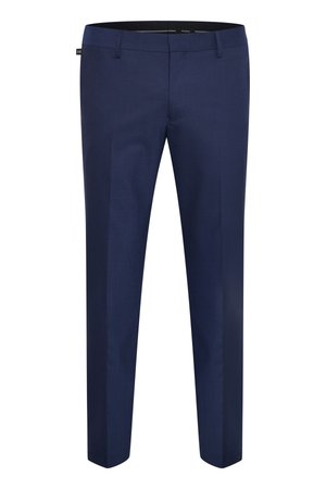 Marineblaue, maßgeschneiderte Hosen aus glattem Stoff. Mit flachem Bund, schrägen Taschen und geradem Bein design.