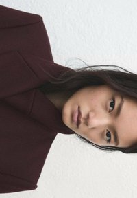 Diep bordeauxkleurig op maat gemaakt jasje met een hoge kraag en strakke lijnen. Soepele stoftextuur, minimalistisch ontwerp, zonder zichtbare hardware of patronen.