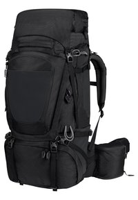 Mochila negra grande con múltiples compartimentos, correas ajustables y tapa superior. Fabricada con un tejido texturizado duradero con acentos reflectantes.