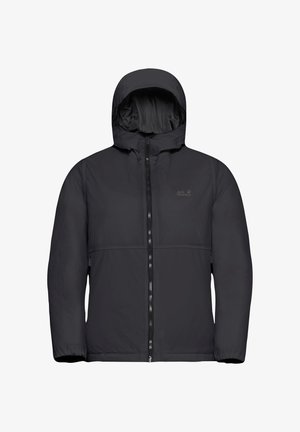 Giacca nera isolata con cappuccio, dotata di chiusura a zip e polsini elasticizzati. Tessuto liscio con un logo discreto sul petto.