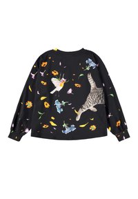 Musthave musta pikkade varrukatega särk, millel on hajusad lillemustrid, lind ja pooleliolev tabby kassi disain, mis ulatub lilladesse ja kollastesse õitesse.