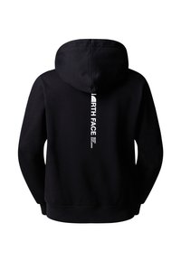Svart sweatshirt med huva, med en vertikal vit logotyp på baksidan samt ribbade ärmslut och nederkant. Tillverkad av mjukt, texturerat tyg.