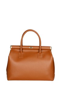 Borsa in pelle marrone con un design strutturato, texture liscia, doppio manico superiore e dettagli in metallo dorato.