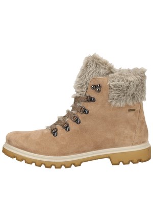 Botas de tobillo de ante beige con cuello de piel sintética, ojales de metal y suela de goma resistente. Presentan cordones y un acabado suave.