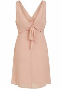 Bezramínkov dress v jemné růžové barvě s výstřihem do V, předním vázáním a délkou do kolen, vyrobený z lehkého a splývavého materiálu.