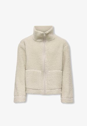 Cremefarbene Fleecejacke mit Reißverschluss, langen Ärmeln, hohem Kragen und zwei aufgesetzten Fronttaschen aus strukturiertem, weichem Stoff.