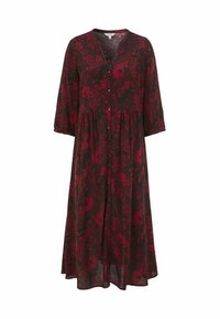 Lange zwarte jurk met een rood bloemenpatroon, knoopsluiting aan de voorkant, v-hals en driekwartmouwen. Vloeiende silhouet en taille-naad voor extra detail.
