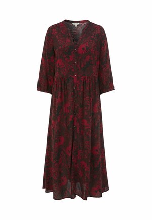 Lange zwarte jurk met een rood bloemenpatroon, knoopsluiting aan de voorkant, v-hals en driekwartmouwen. Vloeiende silhouet en taille-naad voor extra detail.