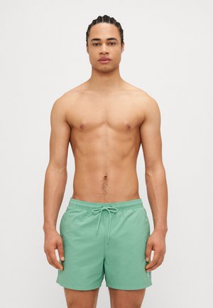 Grüne Badeshorts mit elastischem Bund und Kordelzug. Glattes Material, Oberschenkel-lange, keine Muster oder Akzente sichtbar.