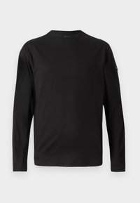 Svart langermet t-skjorte laget av mykt stoff. Har rund hals og enkel design uten synlige mønstre eller detaljer.