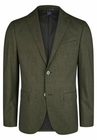 Blazer vert en tissu texturé ; présente un design à un seul bouton, deux boutons et une poche poitrine ; l'intérieur met en avant une doublure à motifs.