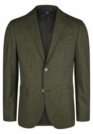 Grüne Blazer aus strukturiertem Stoff; verfügt über ein einreihiges Design, zwei Knöpfe und eine Brusttasche; das Innenfutter zeigt ein gemustertes Futter.