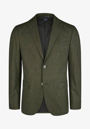 Grüne Blazer aus strukturiertem Stoff; verfügt über ein einreihiges Design, zwei Knöpfe und eine Brusttasche; das Innenfutter zeigt ein gemustertes Futter.