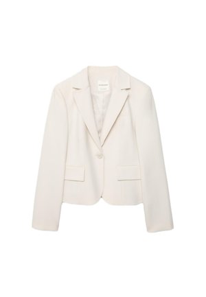 Damska marynarka w kolorze kremowym z jednym guzikiem, z klapami z wycięciem, długimi rękawami i dwoma przednimi kieszeniami z patkami, prezentowana na białym tle.