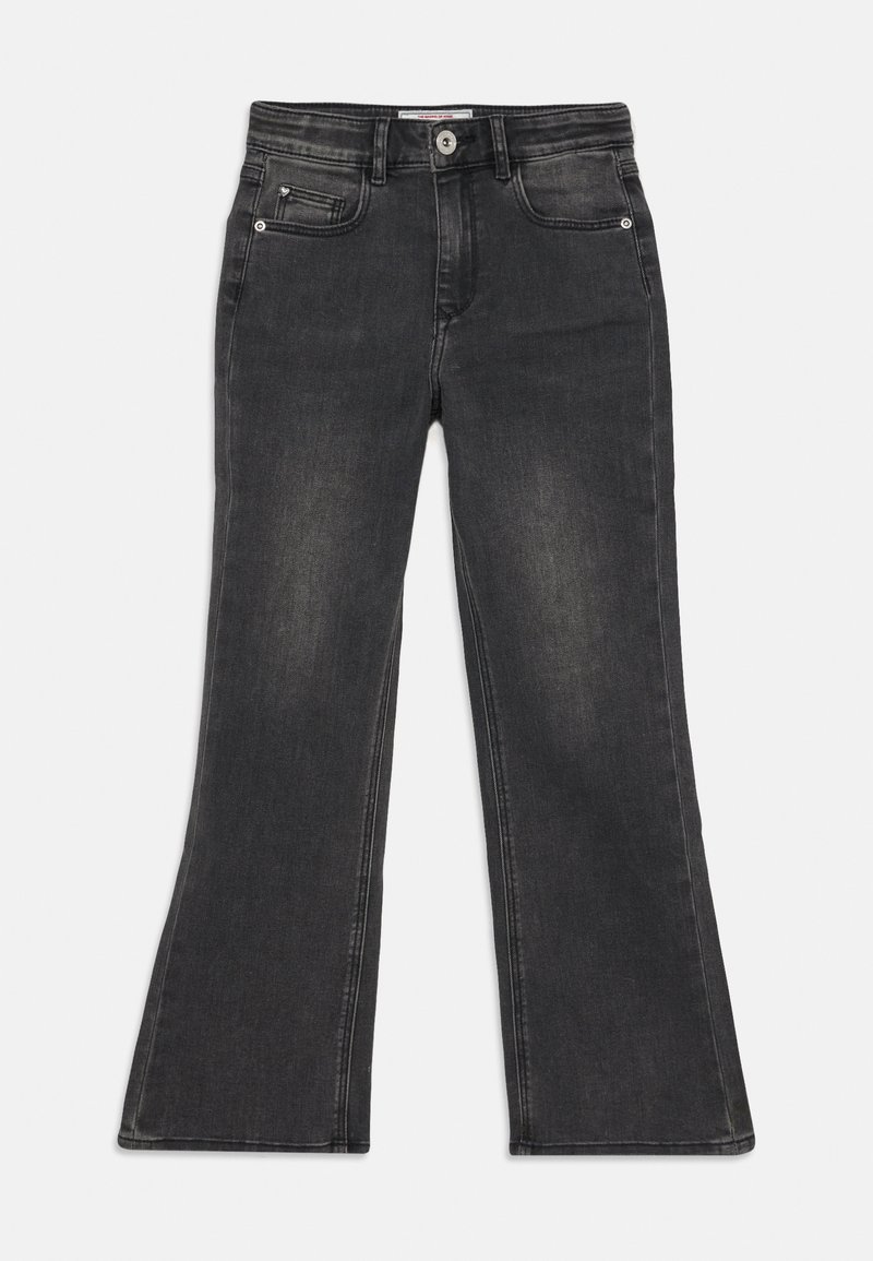 Svarta denim flare jeans med midjehög resår. Innehåller framfickor, knappstängning och en blekt textur med kontrasterande sömmar.