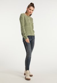 Grüner Pullover aus Strick mit strukturiertem Finish, Rundhalsausschnitt und gerippten Bündchen, kombiniert mit dunklen Jeans mit seitlichen Akzenten und hellen Stiefeln.