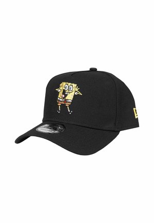 Black adjustable cap featuring an embroidered excited SpongeBob SquarePants character on the front panel and a yellow logo on the side.