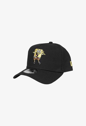 Black adjustable cap featuring an embroidered excited SpongeBob SquarePants character on the front panel and a yellow logo on the side.