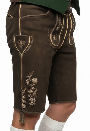 Bruna lädershorts med blommigt broderi i guld och vitt, med sidoknäppning och dekorativ sömnad längs sömmarna.