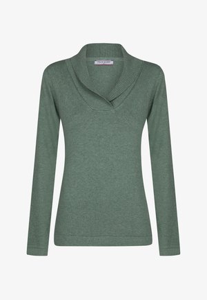 Zielony sweter z długim rękawem i prążkowanym kołnierzem szalowym, wykonany z miękkiego materiału, o gładkiej fakturze i dopasowanym kroju.