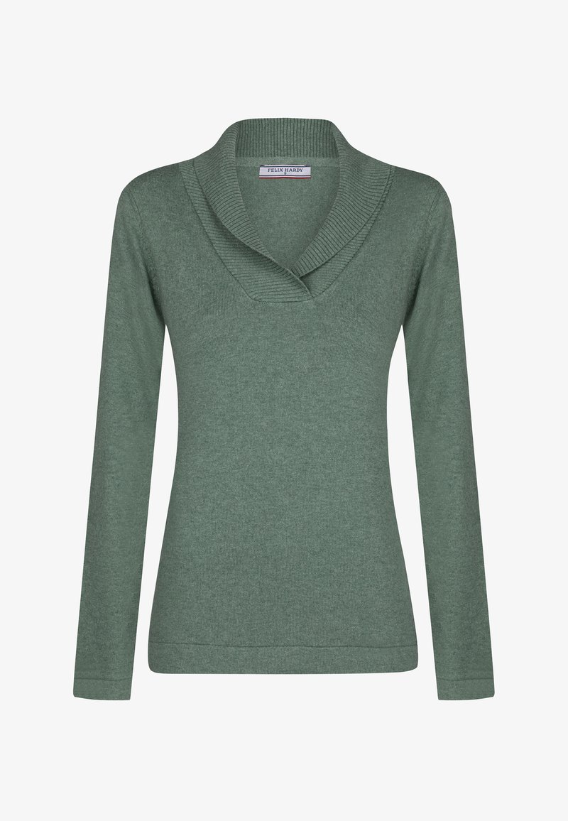 Zielony sweter z długim rękawem i prążkowanym kołnierzem szalowym, wykonany z miękkiego materiału, o gładkiej fakturze i dopasowanym kroju.