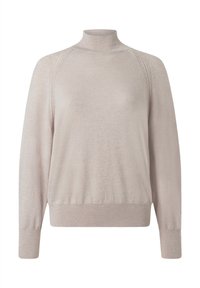 Maglione a collo alto color beige chiaro realizzato in morbido tessuto a maglia, con dettagli a coste sul colletto e sui polsini, dalla vestibilità comoda.