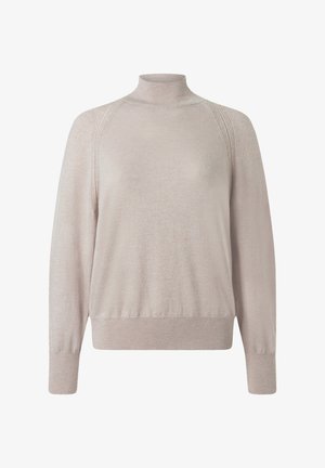 Lichtbeige coltrui gemaakt van zachte gebreide stof, met geribbelde accenten bij de kraag en manchetten, in een losse pasvorm.