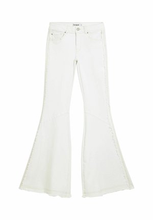 Witte flared jeans van denim, met een hoge taille, gestikte details aan de zijkant en wijde uitlopende pijpen aan de onderkant.