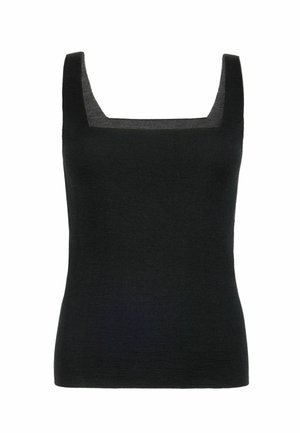 Zwarte mouwloze tanktop gemaakt van lichtgewicht stof, met een vierkante halslijn en een gladde textuur. Geen patronen of zichtbaar beslag.